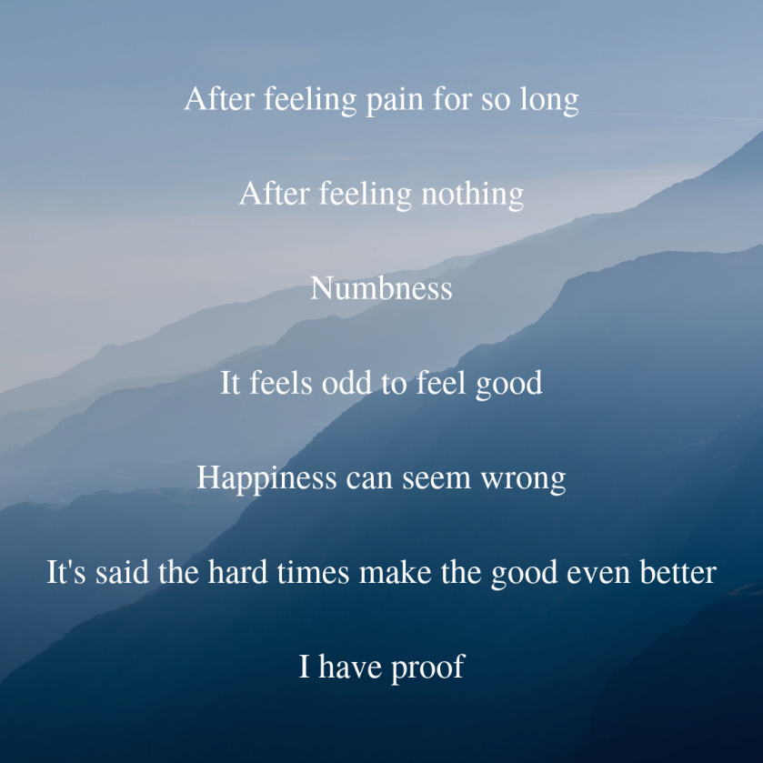 After feeling pain for so long After feeling nothing Numbness It feels odd to feel good Happiness can seem wrong It's said the hard times make the good even better I have proof